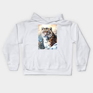 A Proud Snow Leopard Went Hunting, in the Snowy forest, Hight Mountains, Snow Falling, Winter Landscape, Wildlife White Panthera, Watercolor Kids Hoodie